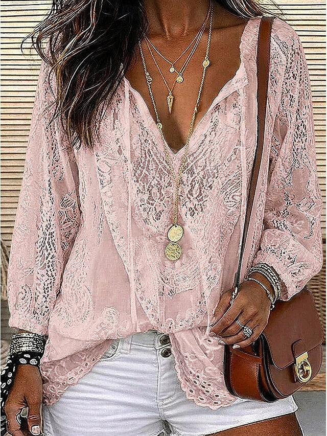 Women's Shirt Boho Shirt Blouse Lace Tops Lace Solid Color