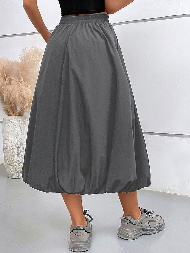 Women's Fashion Casual Midi Mid Rise Skirts Plain Ruched
