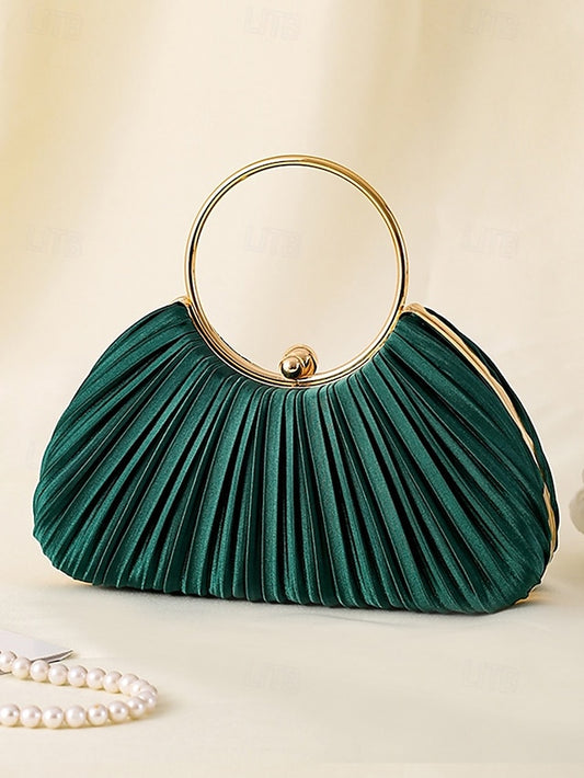 - Velvet Elegant Ring Pleated Handle Green with Gold Clutch