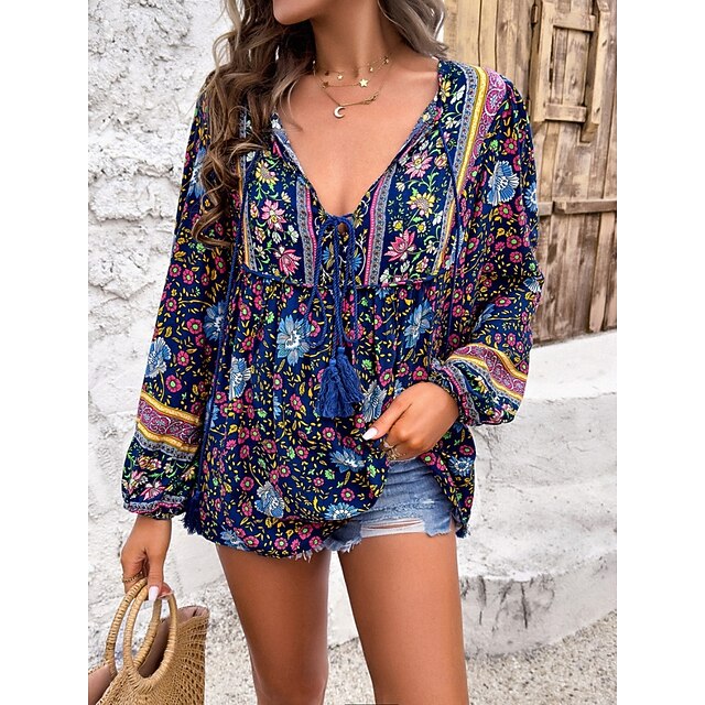 Women's Shirt Blouse Lace up Print Floral Bohemia Ethnic
