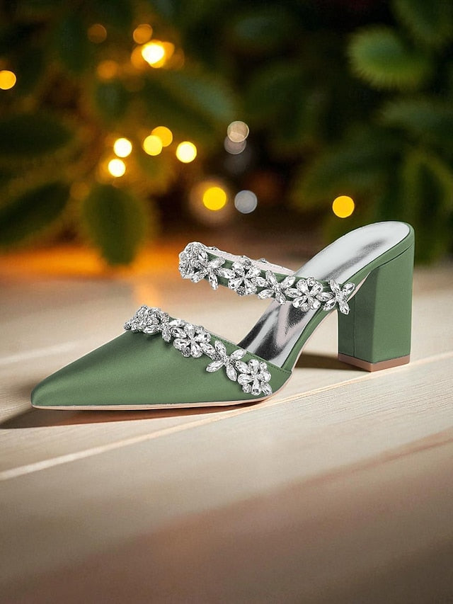Women's Mules Rhinestone Floral Heel Black Block Satin with