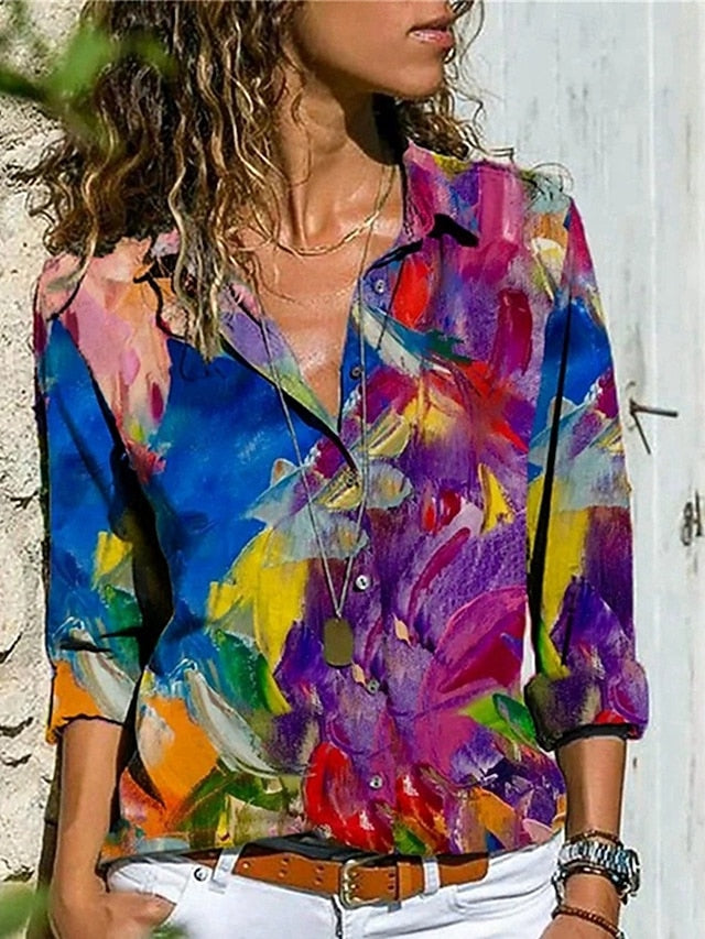 Women's Shirt Blouse Buttons Color Block Modern Casual Long
