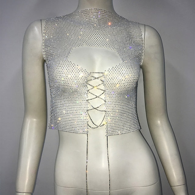 Metallic Sparkle Sexy Crop Tank Top Sheer Mesh Rhinestone Cover