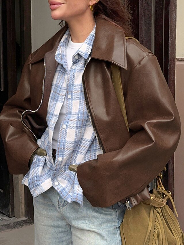 Zipper Pocket Leather Faux Jacket Women's Warm Comfortable