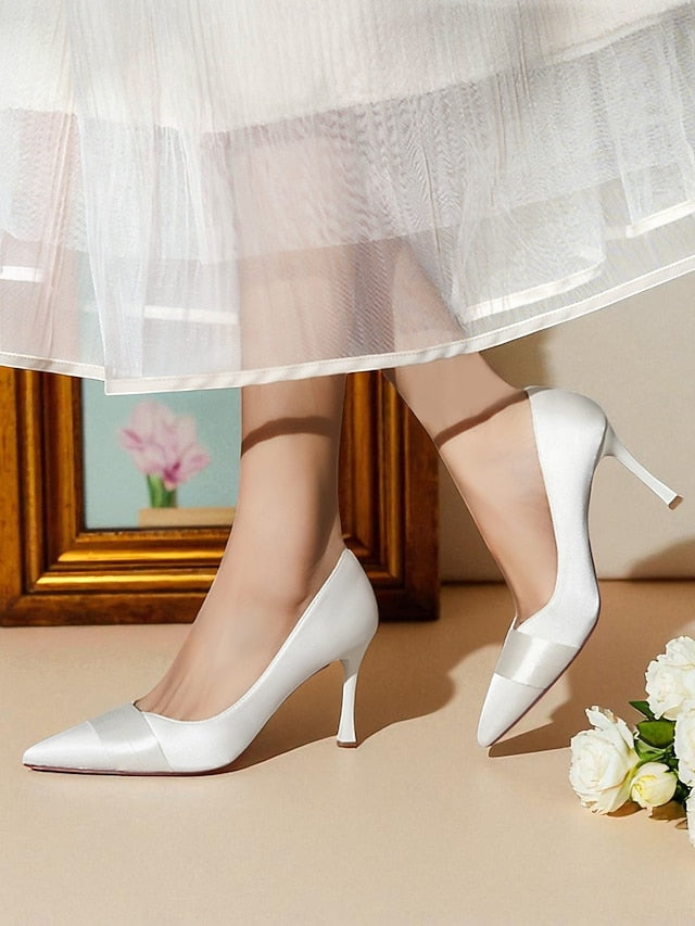 Heel Pointed Women's Toe High Satin - Champagne Pumps