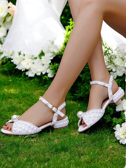 Low Women's – White Sandals Pearl-Embellished Heel