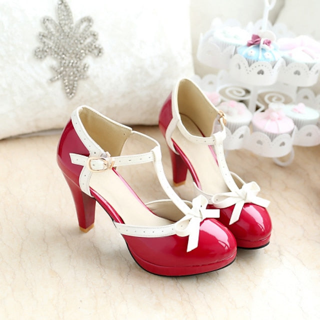 with Black White High Patent Women's Heels Leather T-Strap