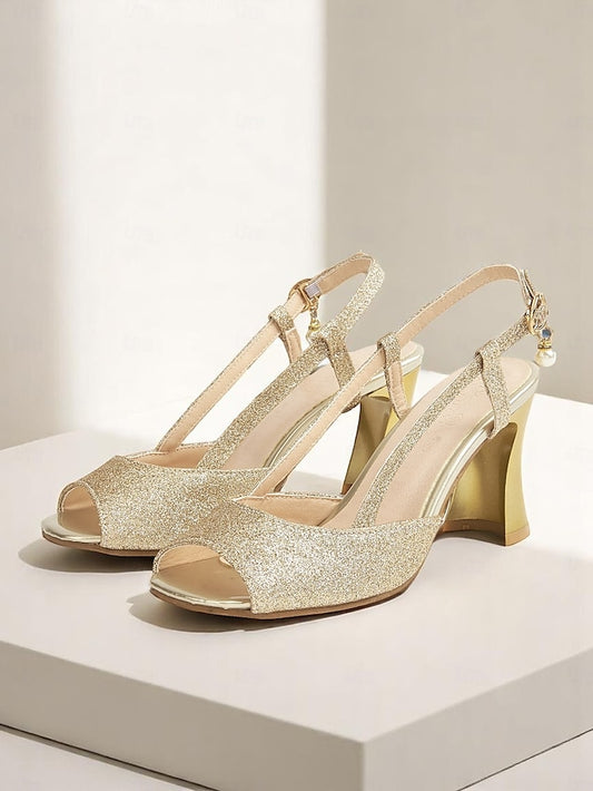Sparkly Open-Toe Women's Gold Glitter Heels - Slingback