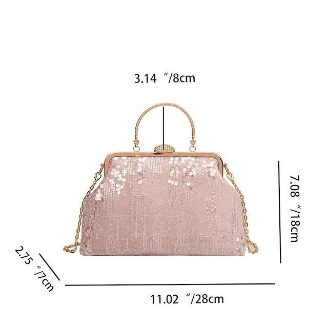 Women's Ivory Sequin Top Handle Clutch with Chain Strap,
