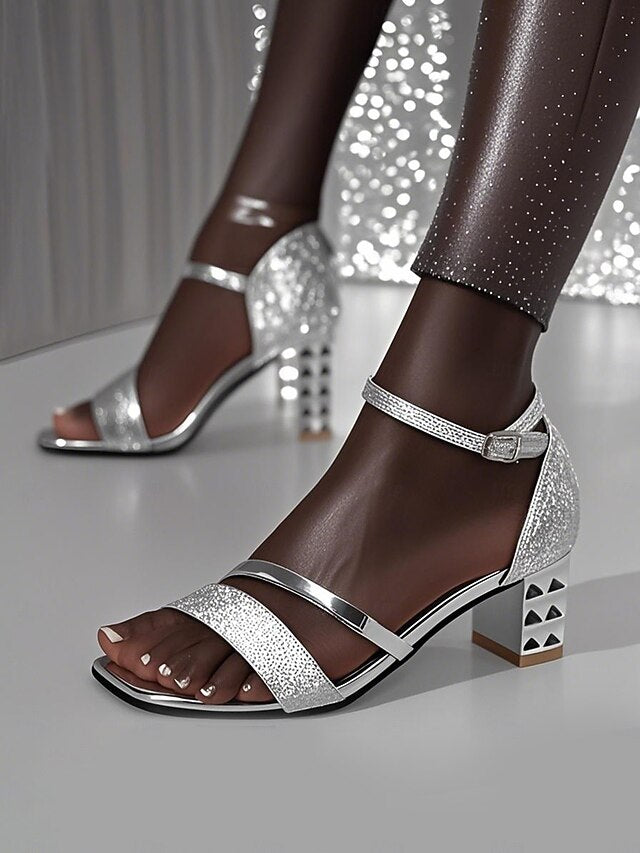 Glitter Strap – Silver Women's Heel Block Sandals Ankle