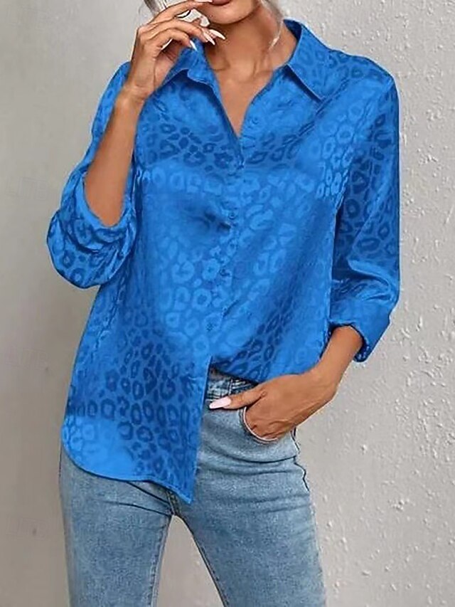 Women's Shirt Elegant Satin Top Blouse Buttons Leopard