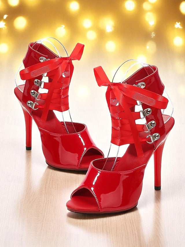 - Lace-Up Sexy Women's Black Patent Sandals Stiletto Cutout