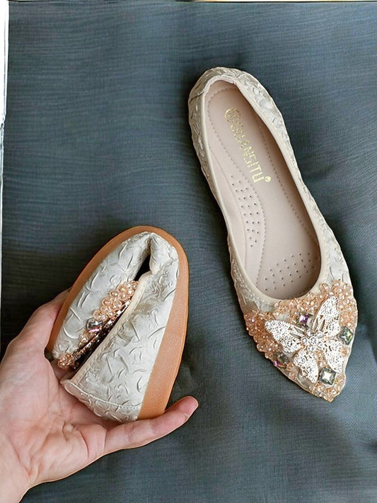 Foldable Ballet Beaded Embroidered Women's Flats with