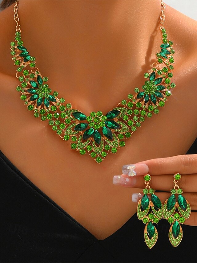 Jewelry Necklace Set – Elegant Green  Statement Crystal
