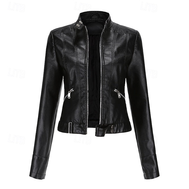 Women's Jacket Pocket Faux Zipper Leather Comfortable