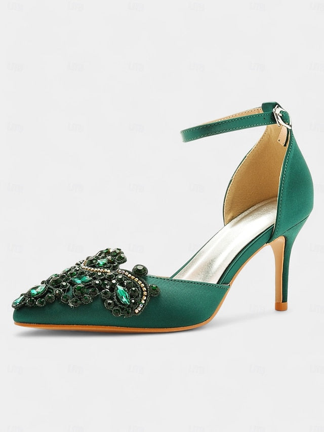 Pointed Satin Green Strap – Women's Emerald Heels Ankle