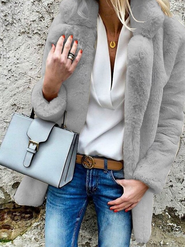 Fur Women's Casual Collar Warm Plain Comfortable Going Coat