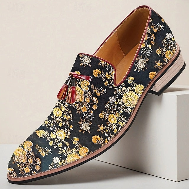 Men's with Tassels Jacquard Pattern Loafers Floral for