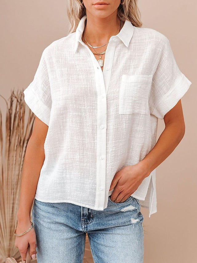 Women's Shirt Button Up Blouse Long Cotton Top Patchwork