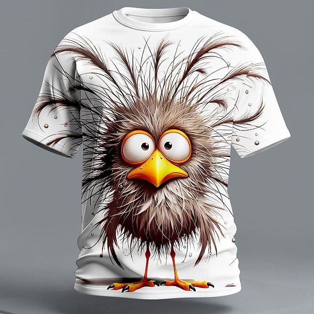 Funny 3D Bird Graphic T Shirt Mens Womens Humorous Messy Hair