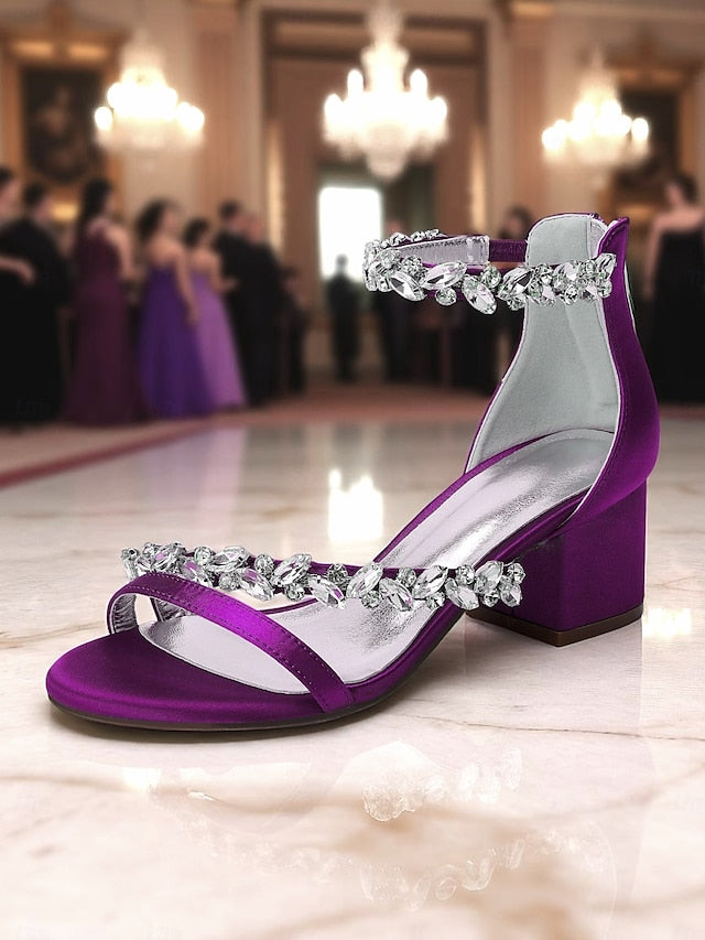 Crystal Sandals - Women's Heel Purple Block Satin