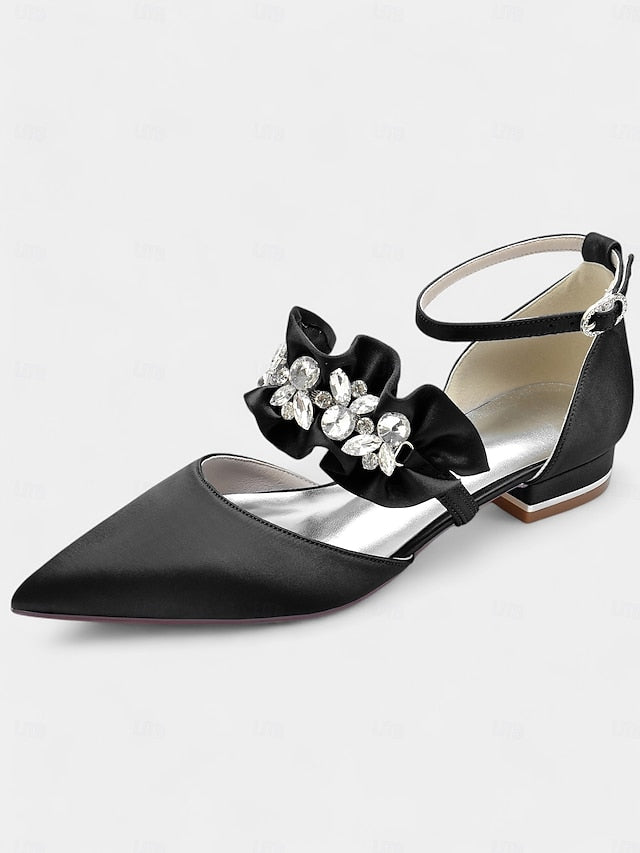with Pointed-Toe Satin Women's Rhinestone Black Flats