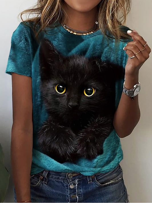 Women's T Shirt Basic Cat Print Short Sleeve Regular Tops