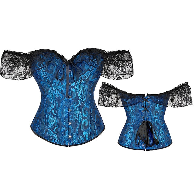 Women Floral Lace Off Shoulder Overbust Corset Bustier Boned