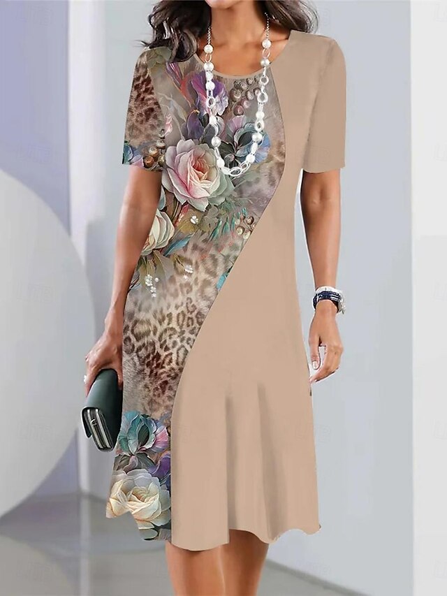 Women's Floral Print Crew Neck Midi Dress Formal Party