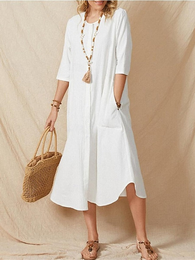 Women's White Summer Spring Midi Dress Cotton Blend White