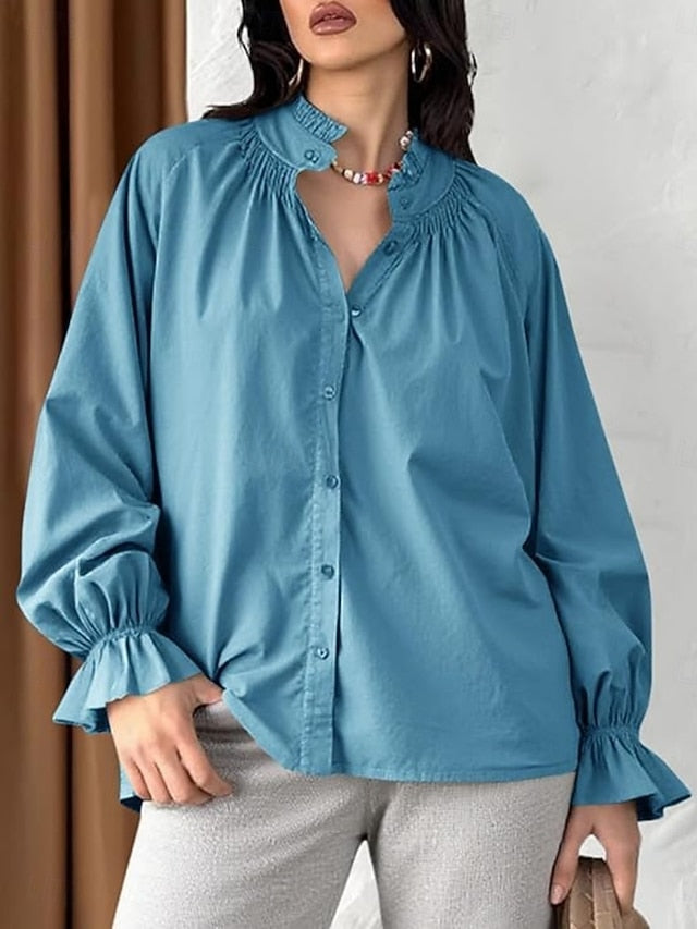 Women's Casual Shirt Button Up Shirt Blouse Ruffle Buttons