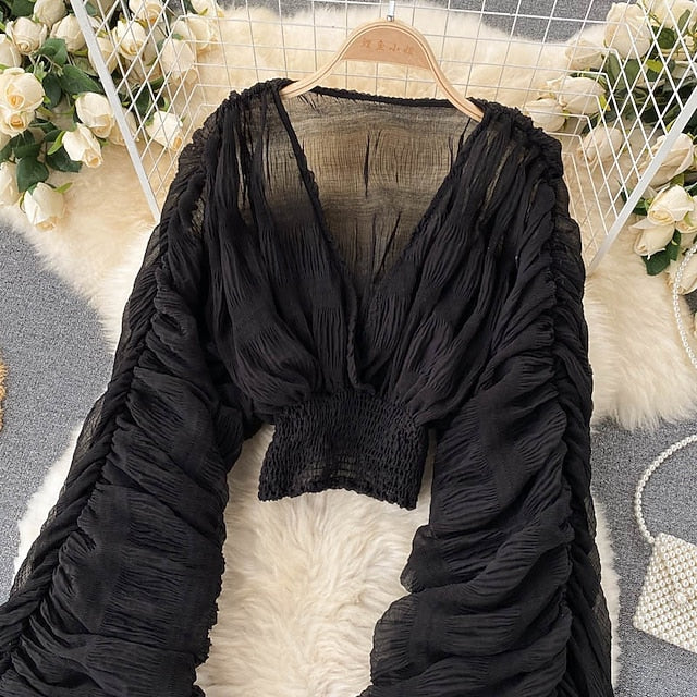 Women's Blouse Chiffon Tops Ruched Plain Stylish Long
