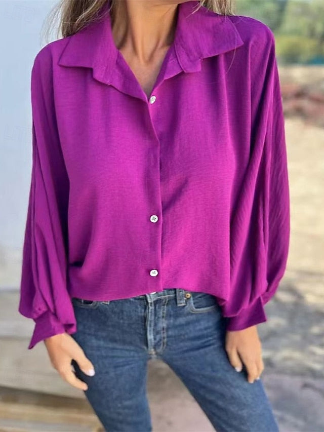 Women's Blouse Dressy Tops Ruched Patchwork Buttons Solid