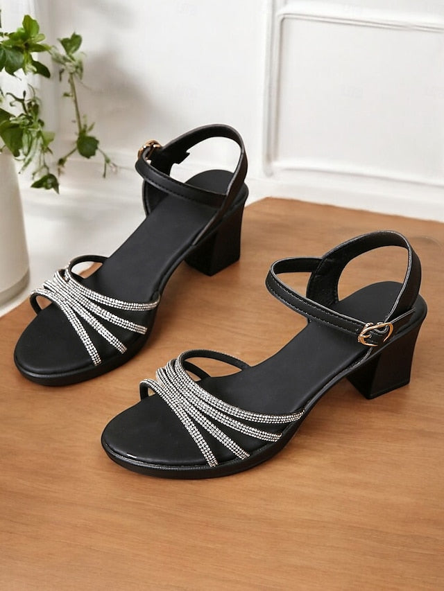Black with Block Strappy - Rhinestones Heel Sandals Comfortable