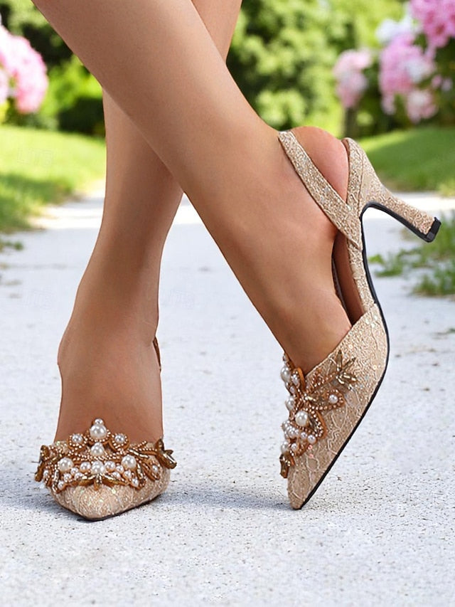 Heels Women's Satin Pearl Black with - Detailing Slingback