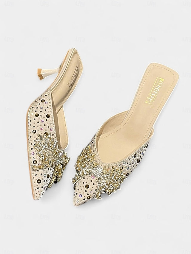 Pointed Toe Mules Slip-On Rhinestone Women's - Glitter