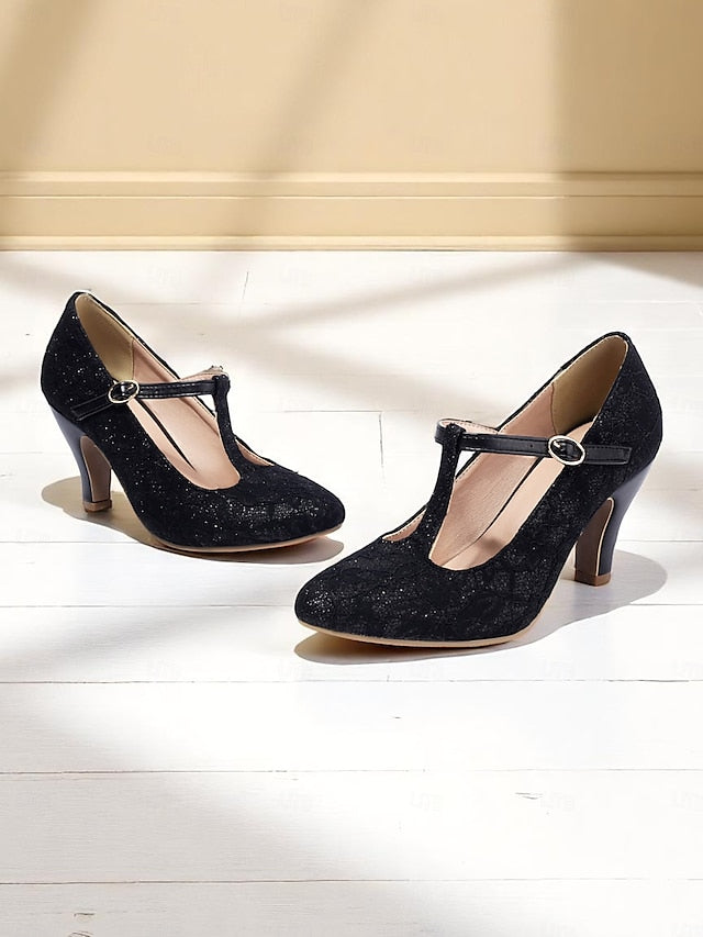 Pumps-1920s Ivory T-Strap Heel Vintage Mid Lace Women's