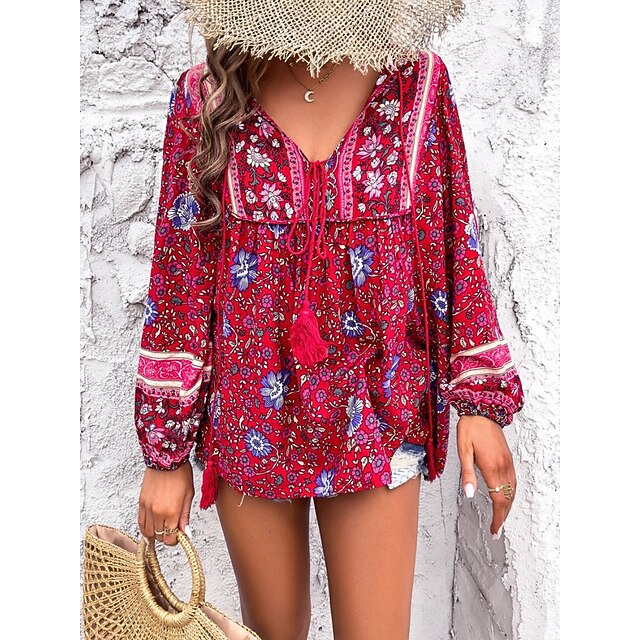 Women's Shirt Blouse Lace up Print Floral Bohemia Ethnic
