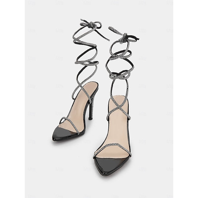 Black Rhinestone – Stiletto Sandals Lace-Up Sexy Women's
