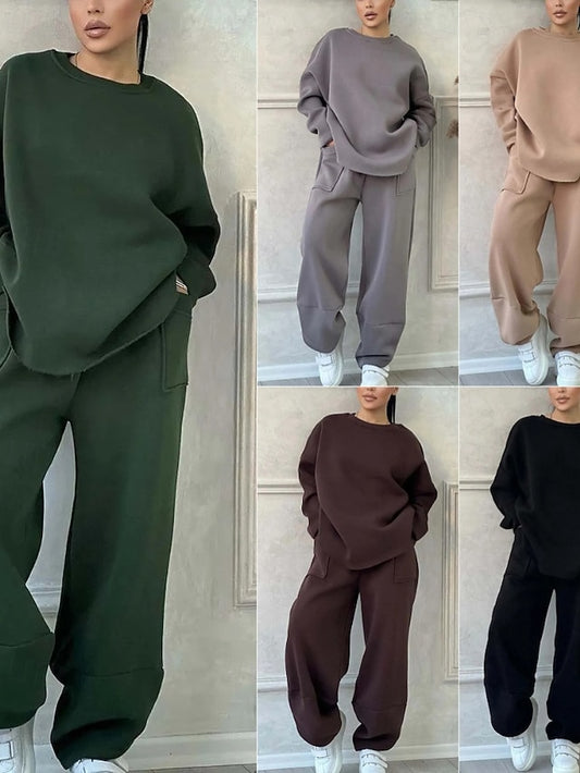 Women's Blouse Pants Sets Long Sleeve Crew Neck Solid Color