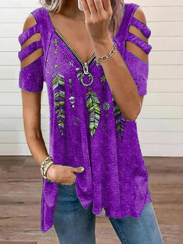 Women's Boho Shirt Blouse Patchwork Zipper Print Graphic