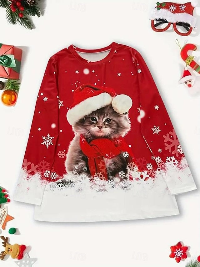 Christmas Women's T Shirt Graphic Animal Cat Fashion Casual