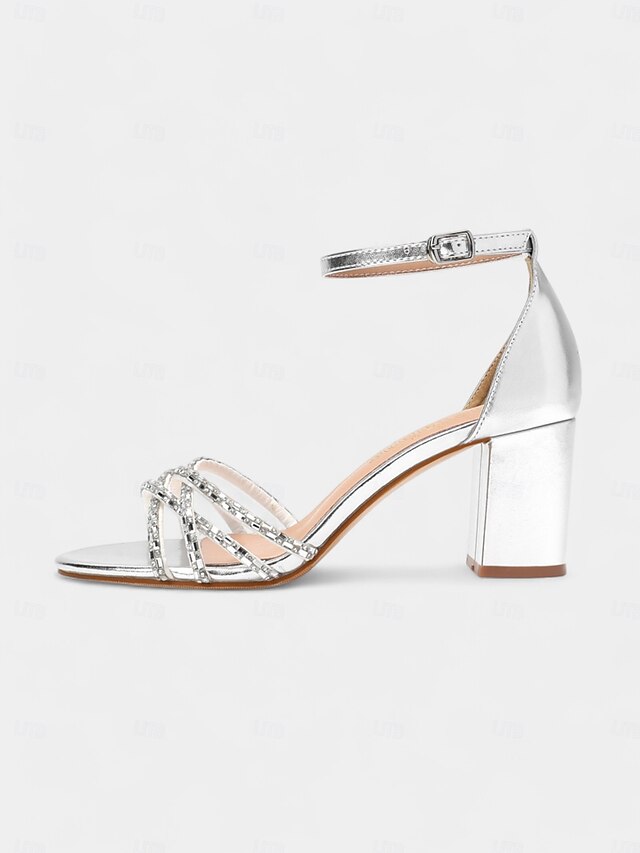 Silver Strappy Metallic Block Sandals with Heel Rhinestone