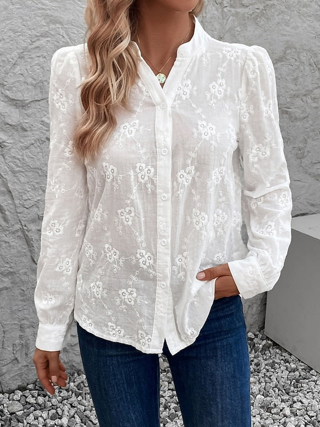 Women's Casual Shirt Button Up Shirt Blouse Embroidered