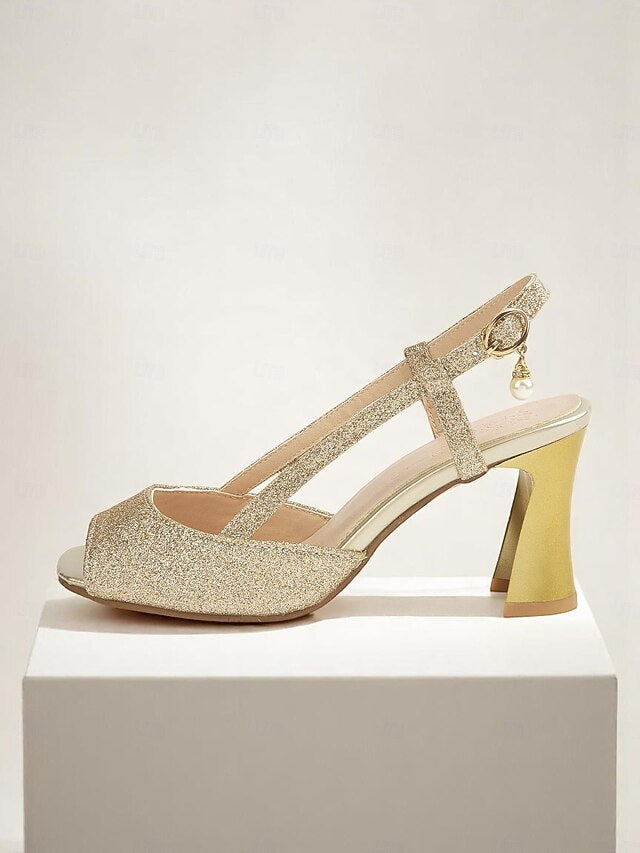 Sparkly Open-Toe Women's Gold Glitter Heels - Slingback