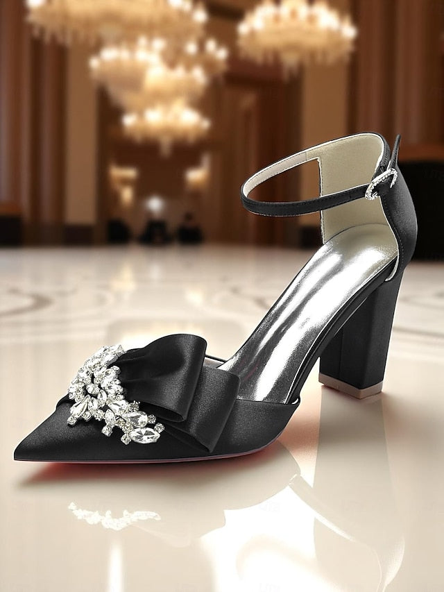 Heel with Satin Women's and Bow Block Crystal Pumps