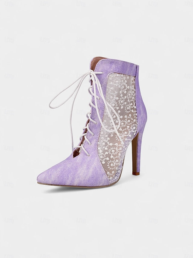 Women's White Stiletto Lace Heels Ankle Booties Mesh with