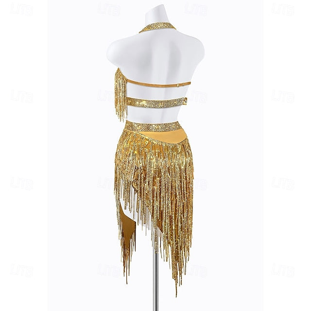 Women's Gold Sequin Fringe Latin Dance Set - Halter Crop