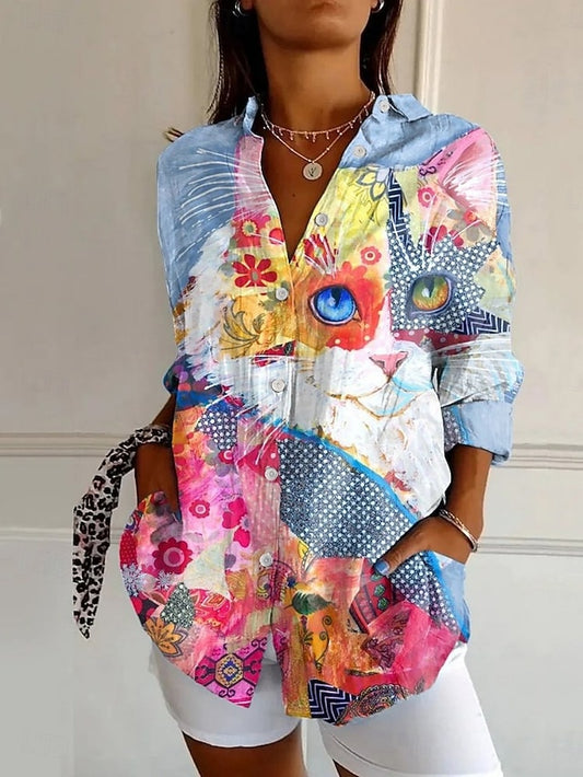 Women's Shirt Buttons Print Animal Cat Active Daily Stylish