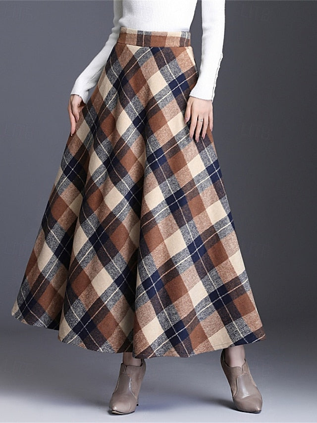 Women's Elegant Retro Vintage Maxi High Waist Skirts Plaid
